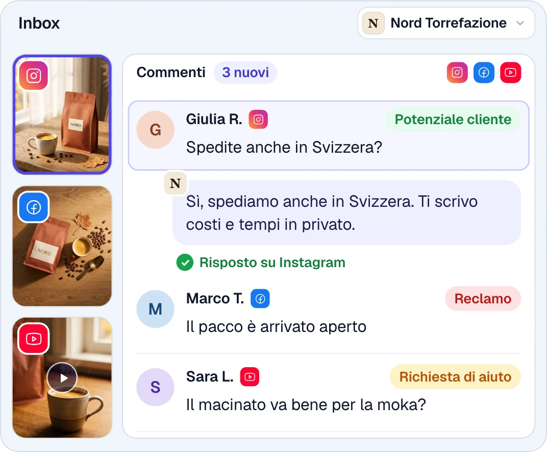 La inbox di Marketio: i commenti con le etichette potenziale cliente, reclamo e richiesta di aiuto, e una risposta già inviata