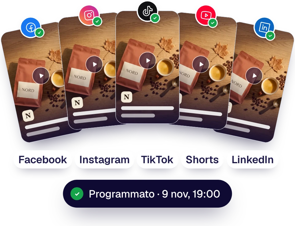 Lo stesso video programmato su Facebook, Instagram, TikTok, YouTube Shorts e LinkedIn